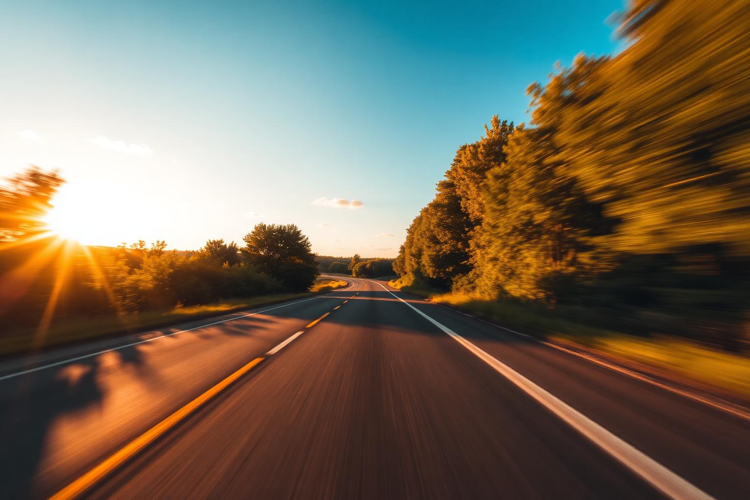 Offene Landstraße im warmen Abendlicht — Freiheit und Mobilität